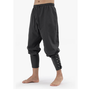 Mens Pirate Pants Medieval Viking Costume, Renaissance Lace-up Ankle Banded Trousers Cotton Linen Cosplay Outfits Black XL