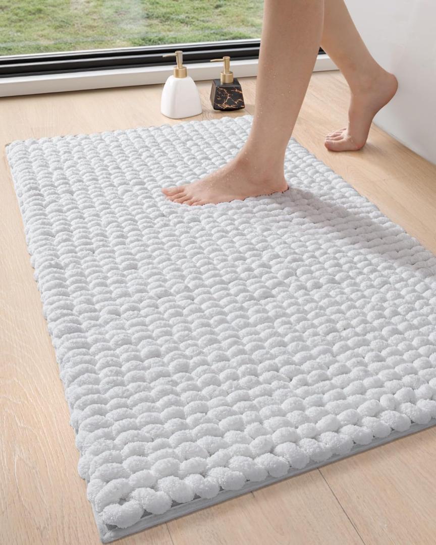 DEXI Bathroom Rugs 24x36, Non Slip Washable Bath Mat, Luxury Chenille Super Absorbent Thick Bathmats for Shower Floor, Plush Fluffy Shaggy Carpet for Tub, White