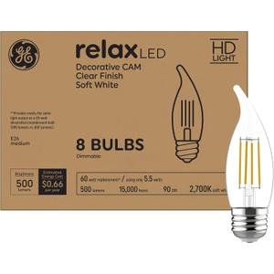 GE Relax LED Light Bulbs, 60W, Soft White Candle Lights, Decorative Bulbs, Medium Base (8 Pack)