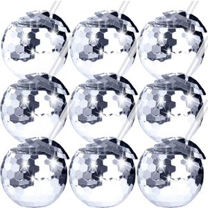 9 Pcs Disco Ball Cups Tumbler Disco Flash Ball Cocktail Cup Silver Spherical Cup with Lid and Straw Disco Wine Glass Drinking Syrup Tea Bottle for Disco Bar Party Supplies