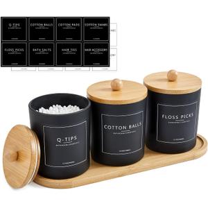 3 Pack Qtip Holder Bathroom Set with Tray,13.5oz Cotton Round Ball Pad Holder Cotton Swab Floss Pick Dispenser,Bathroom Organizers and Storage Container,Glass Apothecary Jars Canisters with Lids-Black