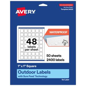 Avery Outdoor Waterproof Square Labels with Sure Feed Technology, 1" x 1", White Film, Print-to-The-Edge, Compatible with Laser Printers, 2400 Labels Total