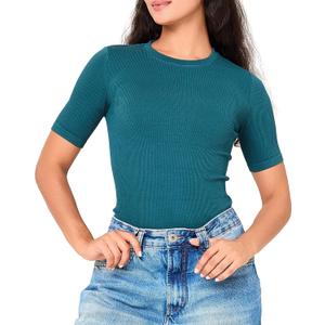 BAMBOO COOL Women's Seamless Tight T-Shirts Slim Fit Basic Ribbed Tees Short Sleeve Crew Neck Top (M)