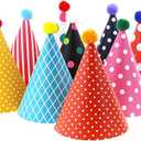 Party Hats for Kids Birthday Hats, DIY Mini Cone and Crown Set with Pom Poms, Small Paper Caps for Stuffed Animals, Pets or Toddler Decorations, Assorted Rainbow Colors