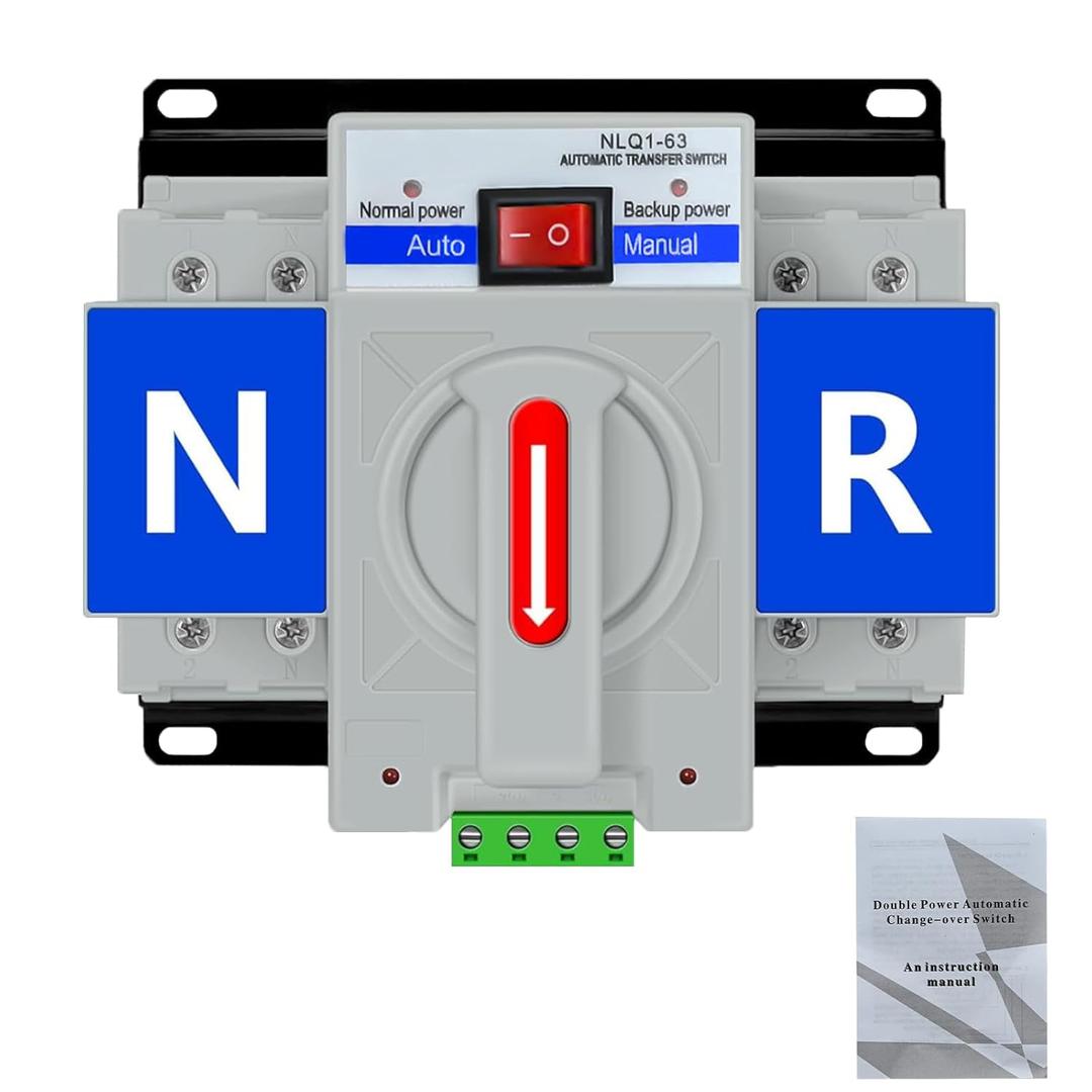 110V 2P 63A Dual Power Automatic Transfer Switch, CE Certified ATS Generator Changeover Switch 50Hz/60Hz