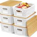 EOENVIVS Plastic Storage Baskets with Bamboo Lids for Pantry Organization and Storage Containers Bins for Shelves Drawers Desktop Closet Playroom Classroom Office Home, 6 Pack, White