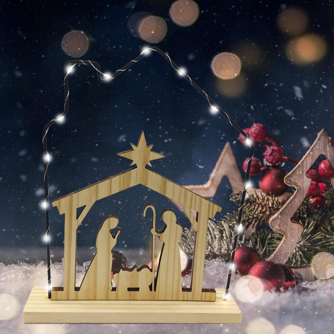 Nativity Scene Sets Indoor with LED Lights - Wooden Nativity Table Centerpiece Sign Holy Family Figure for Christ's Birth Religious Xmas Mantle Shelf Tabletop Home Christmas Decorations