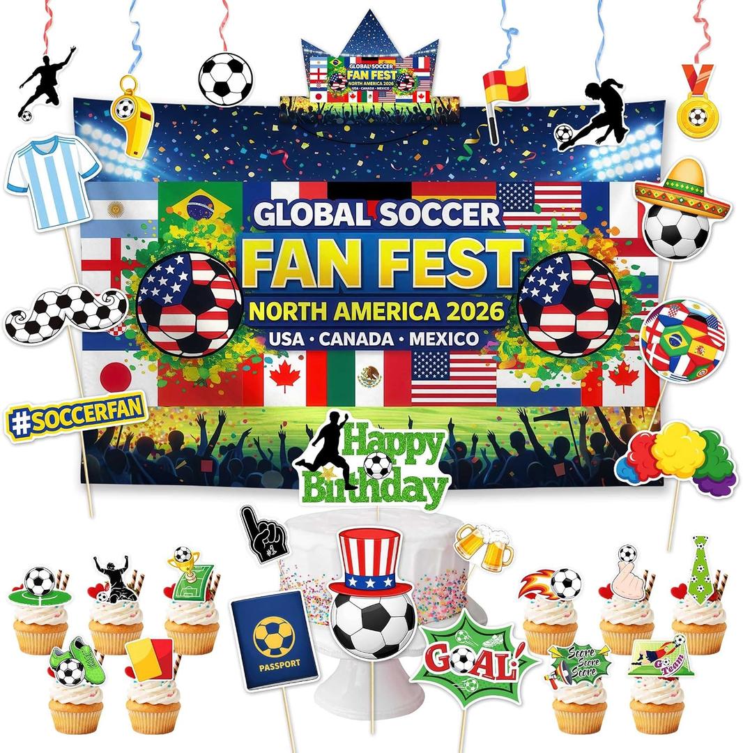 2 x Allenjoy World Soccer Football Cup Party Decorations Set with Backdrop, Headbands, Masks, Cupcake Toppers, Hanging Swirls and Photo Booth Props, Party Supplies and Favors for Men Women Boys Fans