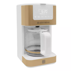 West Bend Timeless 12-Cup Programmable Coffee Maker with Brew Strength Selector for Hot and Iced Coffee, Includes 1-4 Cup Brew Option and Permanent Filter (Blue/Gold)
