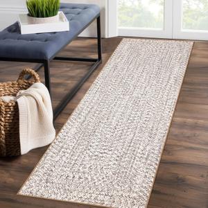 ROYHOME Runner Rug Print Braided Hallway Runner Washable Entryway Rug, Stain Resistant Non-Slip Area Rug Farmhouse Solid Printed Textured Carpet for Bedroom Laundry Kitchen, Beige/Grey, 2' x 6'