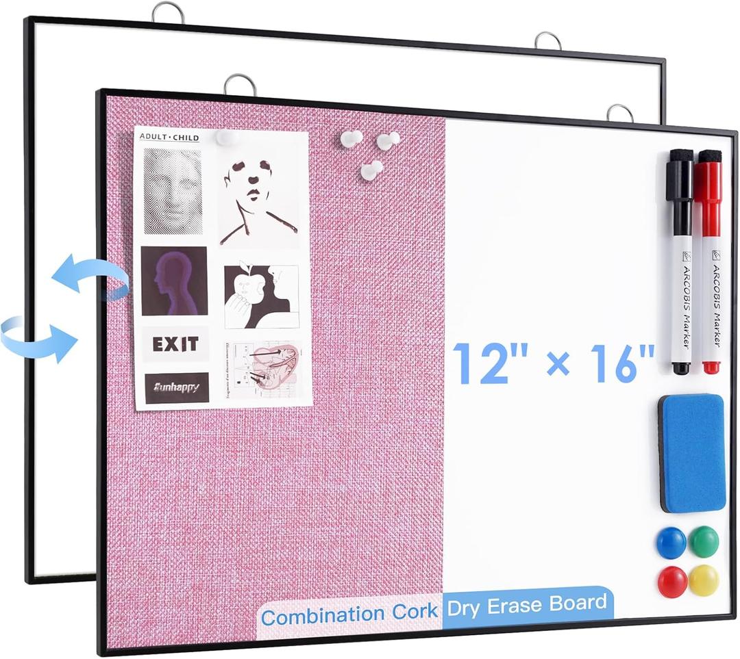 ARCOBIS Dry Erase Linen Board, 12"X16" Small Cork Board White Board Combination, Double-Sided Magnetic Bulletin Board for Wall, Vision Board for Home, Office, School, Pink