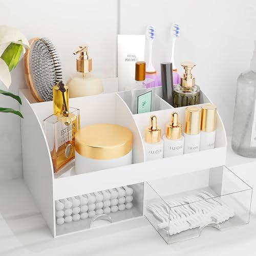 Makeup Organizer with Drawers, Cosmetic Storage for Dresser Vanity and Bathroom Countertop, Beauty Holder for Lipstick Brush, Skincare Organizer for Vanity, Cosmetic Display Case (White)