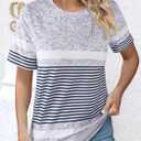 LilyCoco Womens Striped Shirt Color Block Crewneck Short Sleeve T Shirt Grey X-Large (Gray, XL)