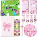 Xqumoi Coquette Pink Bow Stationery Gift Set - Sticky Note A5 Hardcover Ruled Journal Notebook with Planner Sticker Magnet Bookmark Paper Clip Gel Ballpoint Pen for Birthday School Office Supplies