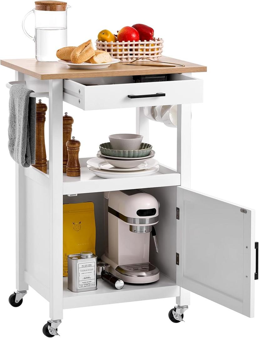 VEVOR Kitchen Island Cart with Single Door Cabinet, Mobile Carts with Drawer, Towel Rack, Hooks, Portable Table on Swivel Wheels, Small Coffee Islands Microwave Stand for Dining Room, 18x23 in, White, 17.72"d X 23.23"w X 35.83"h