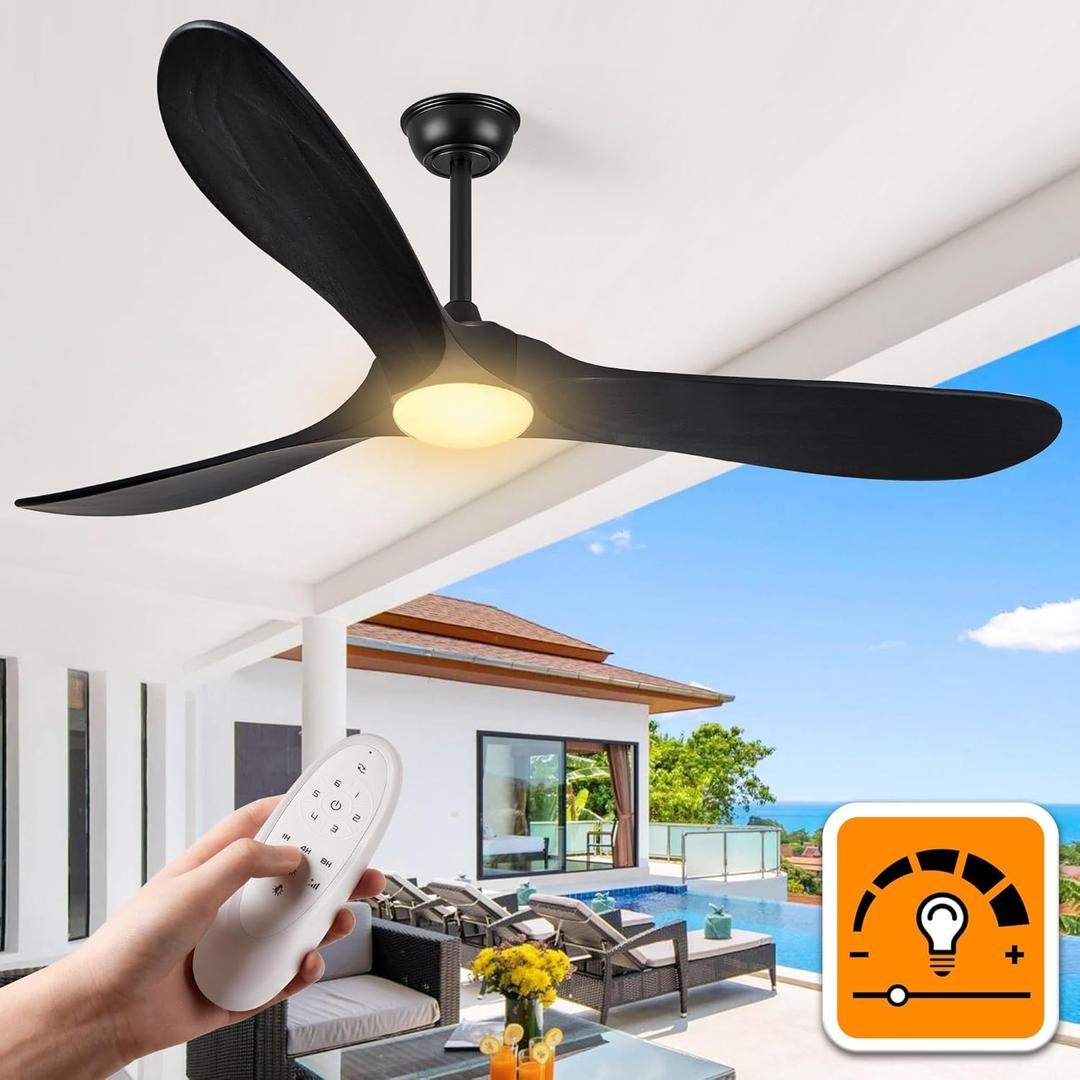 Haipeel Ceiling Fans with Lights, 60 Inch Solid Wood Black Ceiling Fans with Lights and Remote Control for Outdoor Ceiling Fan with Light Propeller for Porch Farmhouse, DC ETL Listed, Matte Black