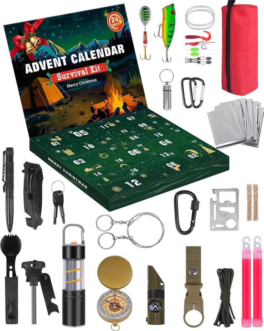 Survival Advent Calendar 2025 for Adult Men Women- 24 Days of Christmas Advent Calendar with Survival Gear for Outdoor Camping, Fishing, Hiking - Surprise Gift for Adults and Teenagers