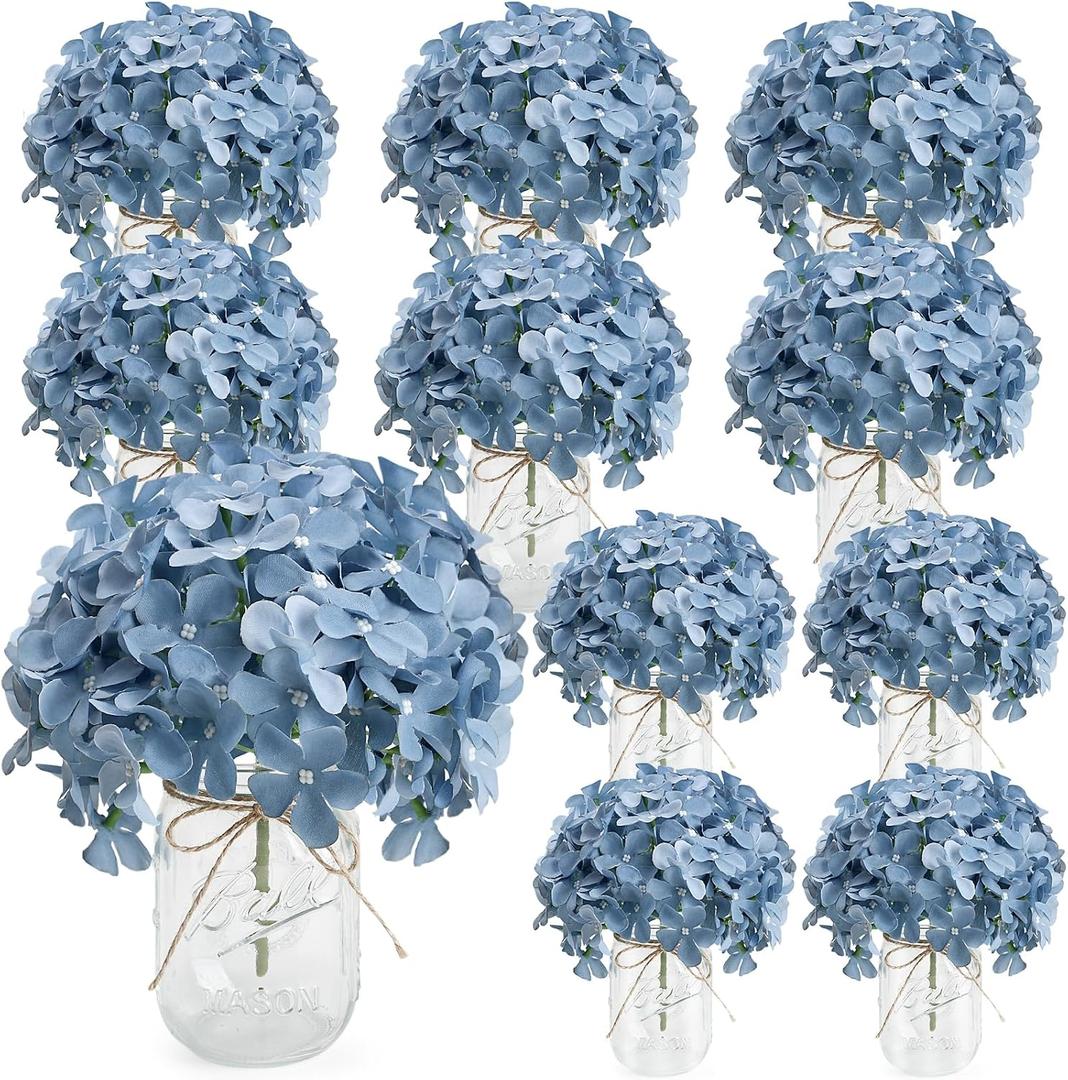 Hydrangea Flower in Mason Jars, 10 Set Floral Arrangements Table Centerpieces Decor Glass Flowers Vases for Home Party Wedding Bridal Shower Graduation Boho Decorative(Blue)