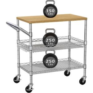 3 Tier Rolling Kitchen Carts on Wheels with Storage,650Lbs Heavy Duty Utility Carts with Wheels,Kitchen Island with Wood Tabletop,Metal Serving Rolling Cart for Small Appliance Food Cart,Wood+Metal
