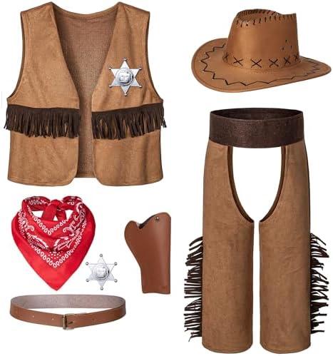 Cowboy Costume for Boys 7pcs Set Kids Dress Up Birthday Party Halloween Cosplay, Size Small