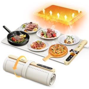Food Warming Mat,Full Surface Heating Electric Warming Tray with 6 Temperature Settings & Fast Heating, Silicone Roll Up Food Heating Mat Food Warmers for Parties Gatherings Everyday Use (Cream)