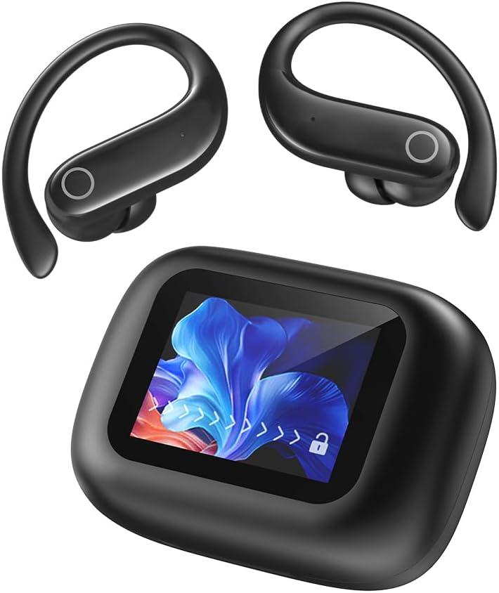 NE61 AI Translation Earbuds Real Time Heart Rate Monitor Translator Earbuds 135 Languages Open Ear Clip Wireless Bluetooth 3in1 Translating Headphones LCD Touch Screen Included for Translation Device, Black