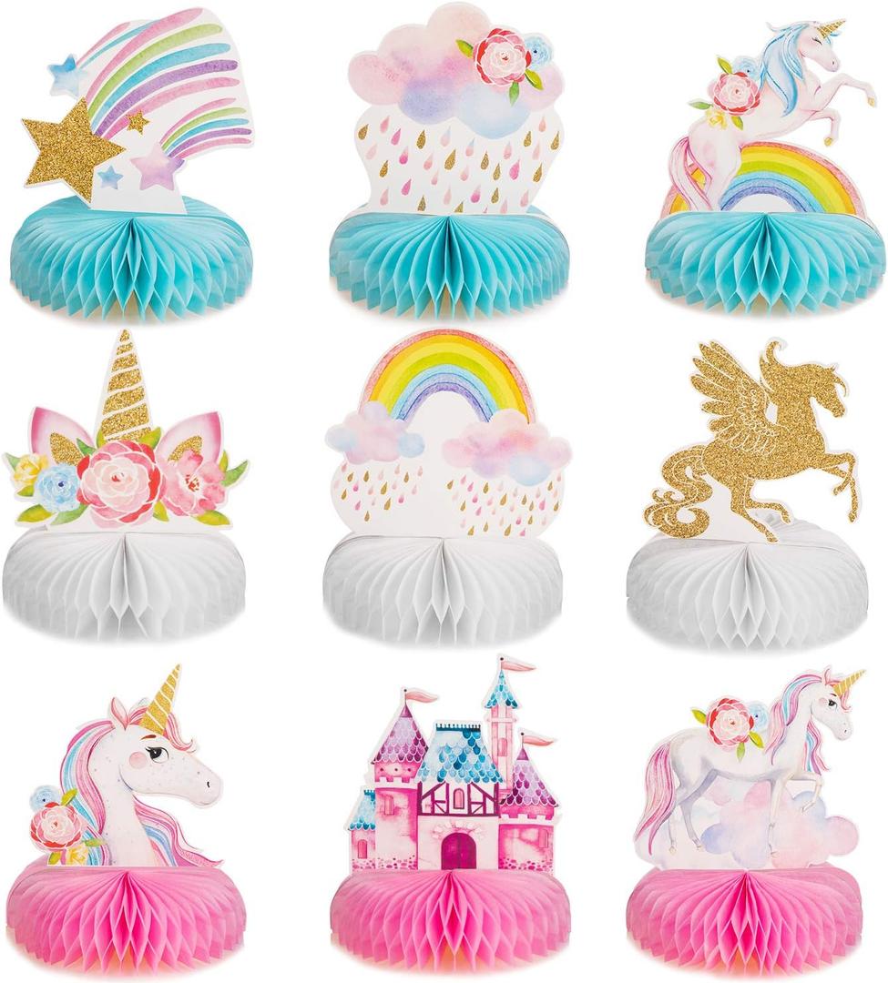 Outus 9 Pieces Unicorn Rainbow Honeycomb Centerpiece for Table Decorations Shiny Topper Birthday Party Supplies