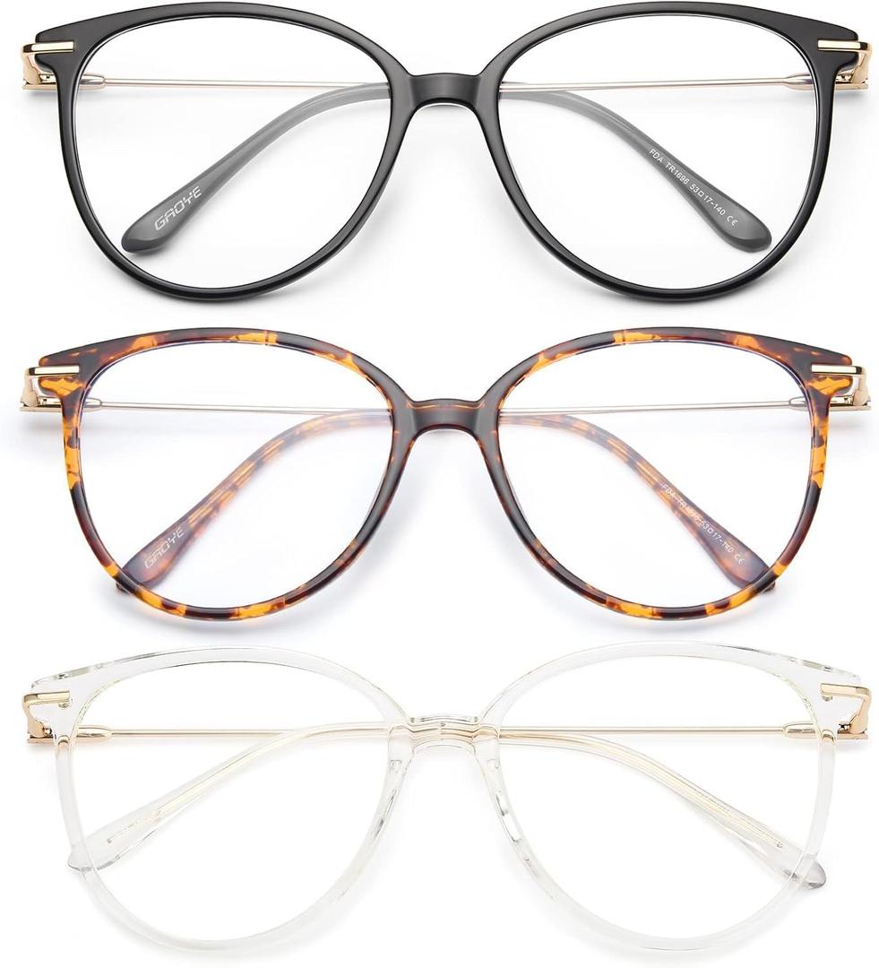 Gaoye Blue Light Blocking Glasses - Trending Round TR90 Frames, Metal Arms, UV400 Protection - Matching Soft Case (3-black+tea Leopard+transparent)