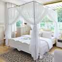 AIKASY Elegant Lace Princess 4-Poster Bed Canopy Mosquito Net - Romantic Wedding Bridal Bedroom Decor, Kids Room Bed Curtain for Women Adults - (White1,King)