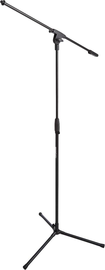 Amazon Basics Sturdy Portable Microphone Boom Arm Stand, Height Adjustable with Cable Management, Foldable Tripod Base, Up to 85.75", Black