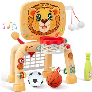 HYES Toddler Basketball Hoop Tball Set & Soccer Goal - Lion Sport Toys for 1 Year Old Boy with Learning Activities (Abacus/Alphabet/Animals Sounds) Christmas Birthday Gifts for Baby Boy Age 1 2 3