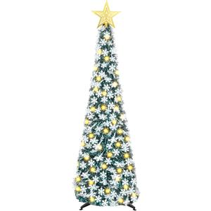 5 FT Pop Up Christmas Tinsel Tree with 50 LED Lights & Remote, Star Topper, Easy Assembly with Stand, Collapsible Prelit Christmas Pencil Tree for Xmas Home Party Decor (Dark Green)