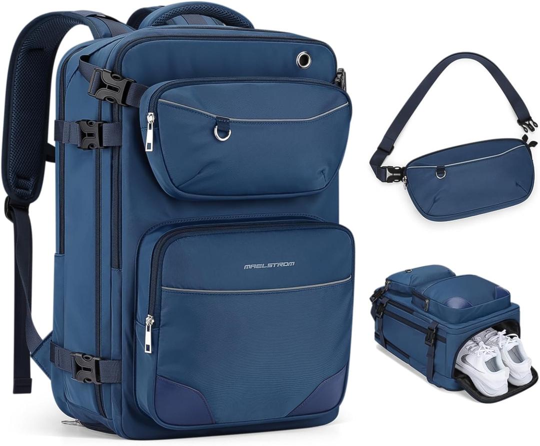 Maelstrom Travel Backpack for Men Women, 35L Carry on Backpack for Traveling on Airplane,with Belt Bag&Shoe Compartment,Waterproof Laptop Backpack fit 17Laptop-Navy Blue, Large
