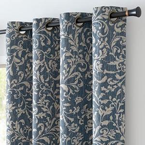 jinchan 72 inch Curtains for Bedroom, 80% Blackout Farmhouse Drapes with Scroll Floral Patterned for Living Room, Grommet Top Thermal Insulated Curtains, Vintage Country Drapes 2 Panels, Blue