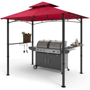 COOSHADE 8'x 5' Grill Gazebo Double Tiered Outdoor BBQ Gazebo Canopy with LED Light (Burgundy)