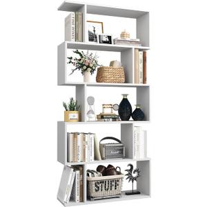 Yusong Bookshelf 5-Tier, Geometric Bookcase S Shaped Book Shelves for Bedroom, Modern Wood Decorative Display Shelf Book Case for Home Office, White, 27.8"W x 9.5"D x 61.8"H