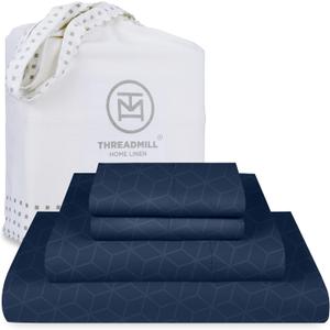 Threadmill Egyptian Cotton Full Size Sheet Set | 100% Certified Egyptian Cotton Sheets for Full Size Mattress | Bed Sheets with Deep Pocket | Soft Damask Jacquard Cooling Bedding Set | Folkstone Blue