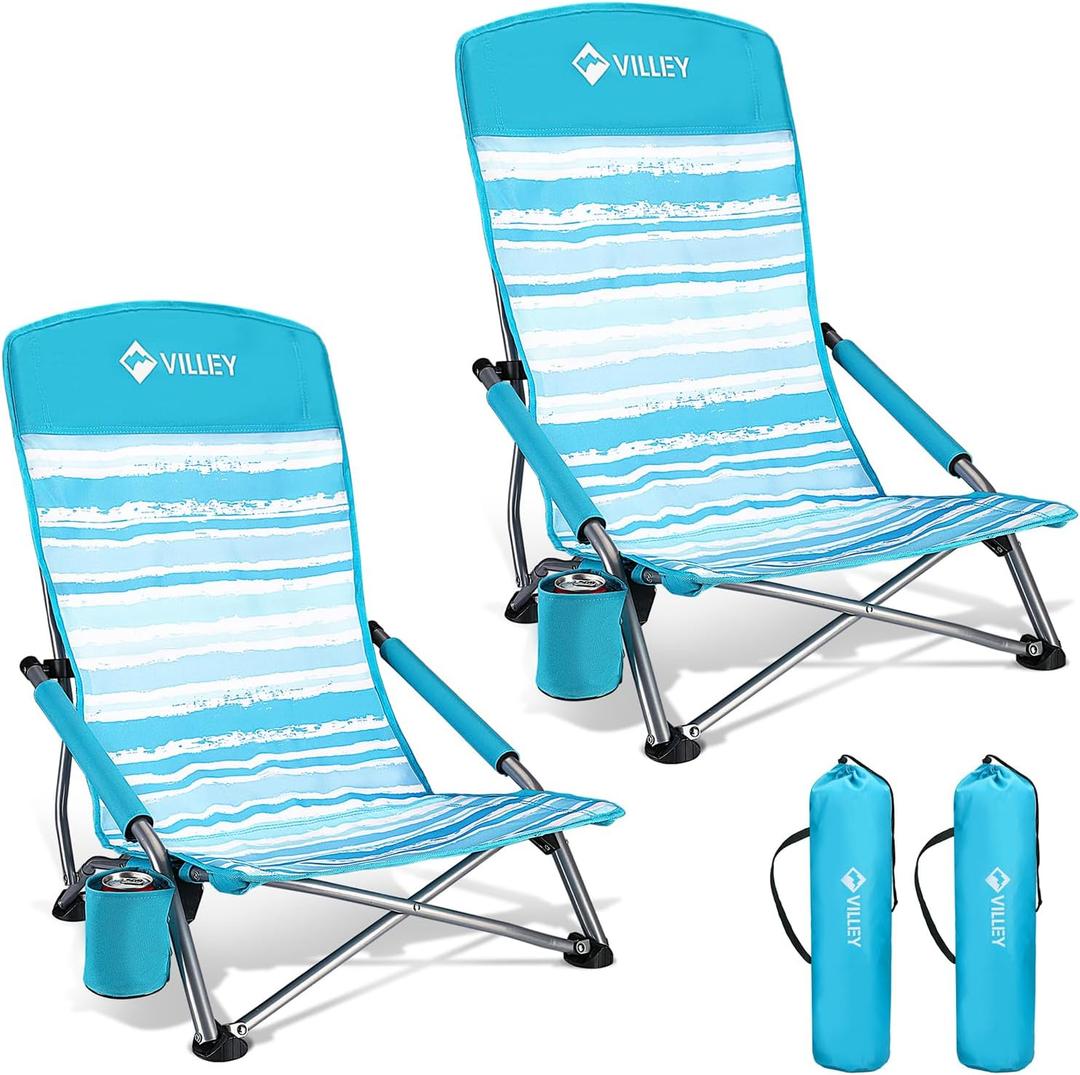 VILLEY Low Beach Chairs for Adults 2 Pack, High Back Folding Beach Chairs, Lightweight and Portable for Outdoor, Beach, Camping, Lawn, Music Festival, with Cup Holder and Carry Bag-Blue Stripes, 2'2.4" X 2'2.4" X 2'9.5"