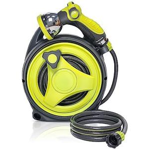 YASHINE 50ft Retractable Garden Hose Reel, Portable Hose Reel, 45+5FT with 10 Patterns Spray Nozzle, Adapts to standard US hose plugs, 50FT Hose Reel for Garden Watering Car Washing Pet -Green