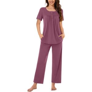Bestbee Women's Pajama Sets 2 Piece Summer Sleepwear Lounge Outfits Short Sleeve Long Pants With Pockets Ladies Pjs (Purple, L)