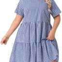 Agnes Orinda Plus Size Gingham Dresses 1950s Vintage Plaid Round Neck Short Sleeve Tiered Midi Summer Dress, 3X