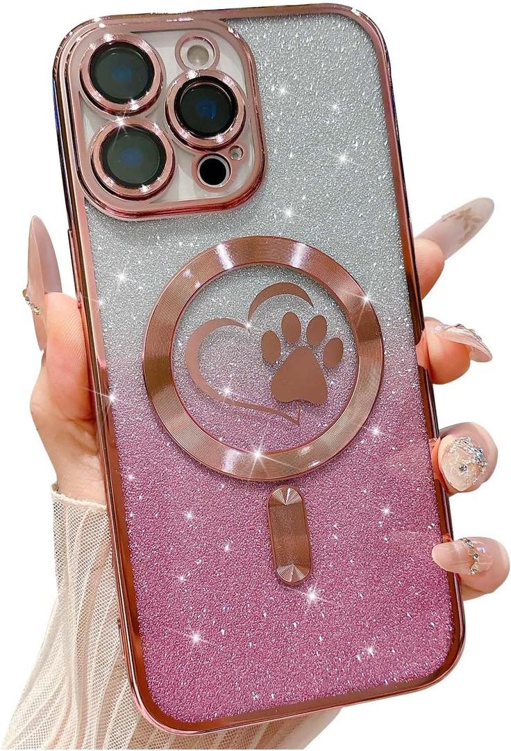 for iPhone 15 Pro Max Case, Glitter Clear Cute Paw Love Heart, Compatible with MagSafe, Strong Magnetic Full Camera Lens Protection Cover, Soft Slim Bling Phone Case 6.7" - Pink