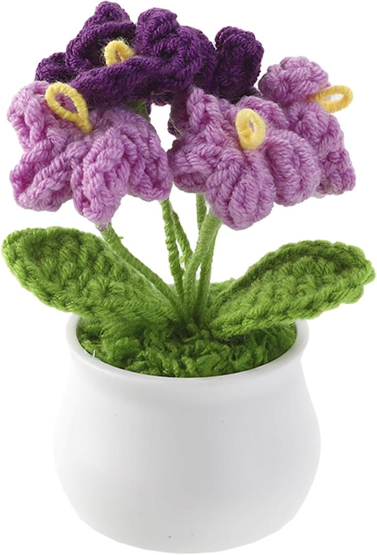  Crochet Flower Pot Handmade Knitted Crochet Flowers Yarn Crochet Flower Potted Plants Mini Cute Potted Crocheted Flowers Bouquet Gift for Teacher Women Mothers Day Graduation Office Desk Decor, Purple