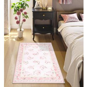 LIVEBOX Floral Pink Washable Entryway Rug, 2x3 Boho Bathroom Rugs Non Slip Soft Bedroom Accent Rug, Ultra Thin Flower Small Throw Rugs for Entryway Indoor Door Mat for Kitchen Bedside, Pink