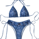 SHENHE Women's 2 Piece Swimsuits Denim Print Halter String Triangle Tie Side Bikini Set SIZE S