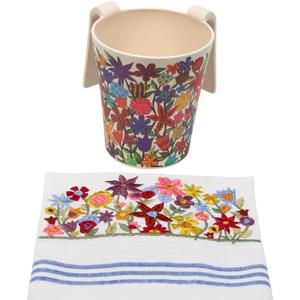Yair Emanuel Natla Hand Washing Cup with Matching Towel for Netilat Yadayim Melamine - Jewish Judaica Gift (Flowers NYOTT-4)