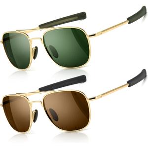 SUNGAIT Men's Military Style Polarized Pilot Aviator Sunglasses Bayonet Temples (Gold/Dark Green + Gold/Brown)