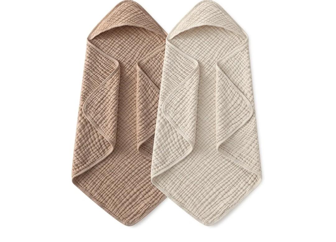 Yoofoss Hooded Baby Towels for Newborn 2 Pack 100% Muslin Organic Cotton Baby Bath Towel with Hood for Babies, Infant, Toddler and Kids, 32x32Inch, Soft and Absorbent Newborn Essential, Beige&Coffee