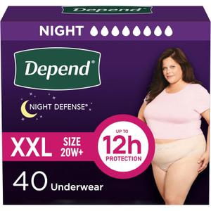 Depend Night Defense Adult Diapers, Incontinence & Postpartum Bladder Leak Underwear for Women, Disposable, Overnight, Extra-Extra-Large, Blush, 40 Count (4 Packs of 10)