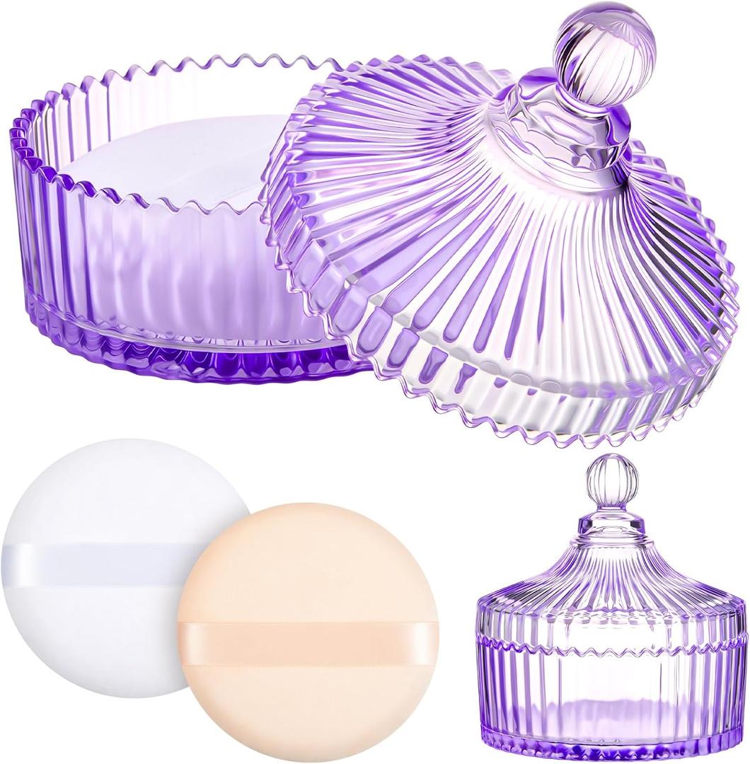 Tioncy 3 Pcs Extra Large Body Powder Puff and Container 5.43'' Glass Body Container with 5.12'' Powder Puff Glass Jar for Women's Talcum(Classic,Purple)
